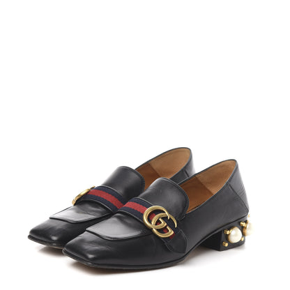 Gucci Betis Glamour Calfskin Web Pearl Embellished Peyton 35mm Loafer Pumps 37.5 Black 3 of 8
