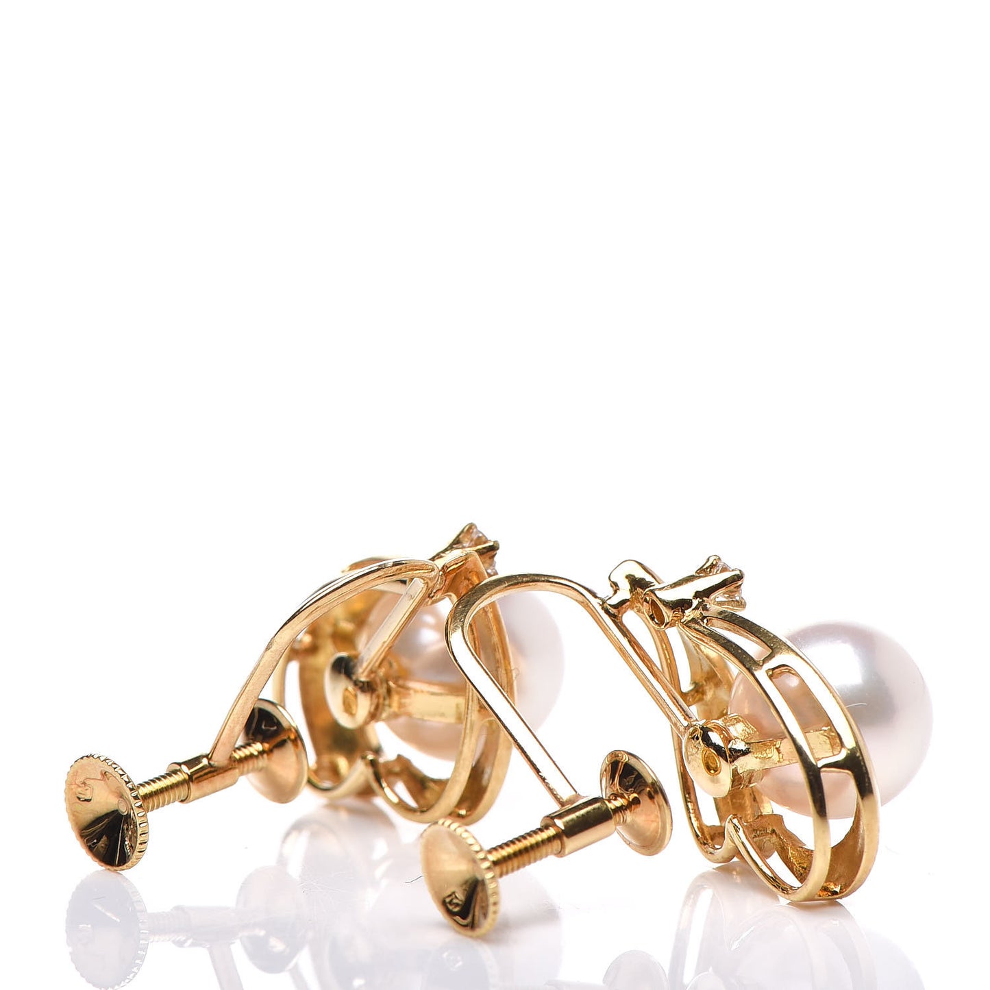 18K Yellow Gold Diamond Akoya Pearl 7mm Heart Screw Back Earrings