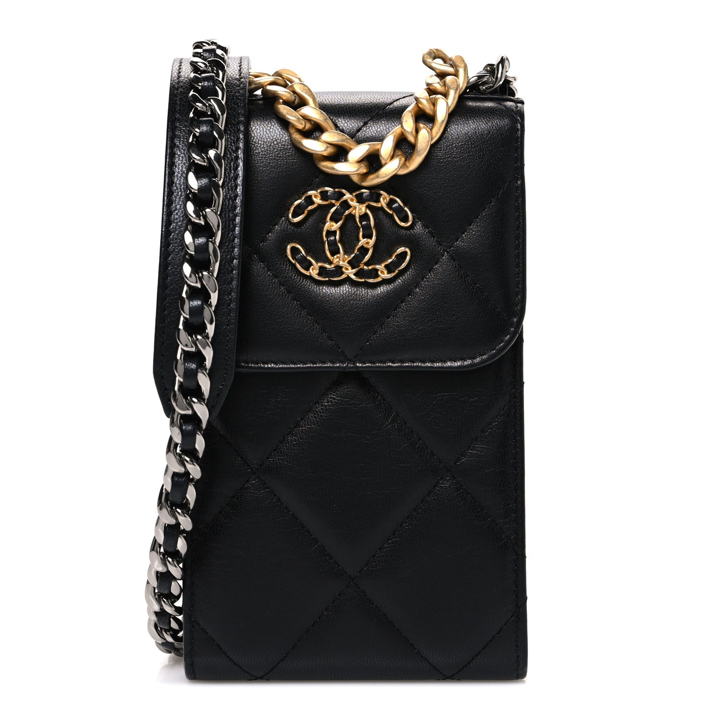 Lambskin Quilted Chanel 19 Phone Holder With Chain Black