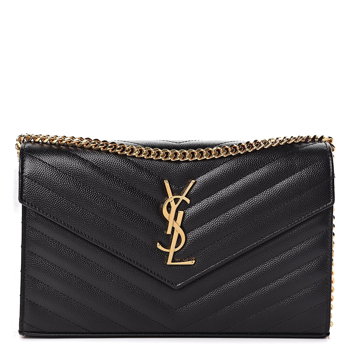 Saint Laurent Grain De Poudre Matelasse Chevron Monogram Chain Wallet Black 1 of 10