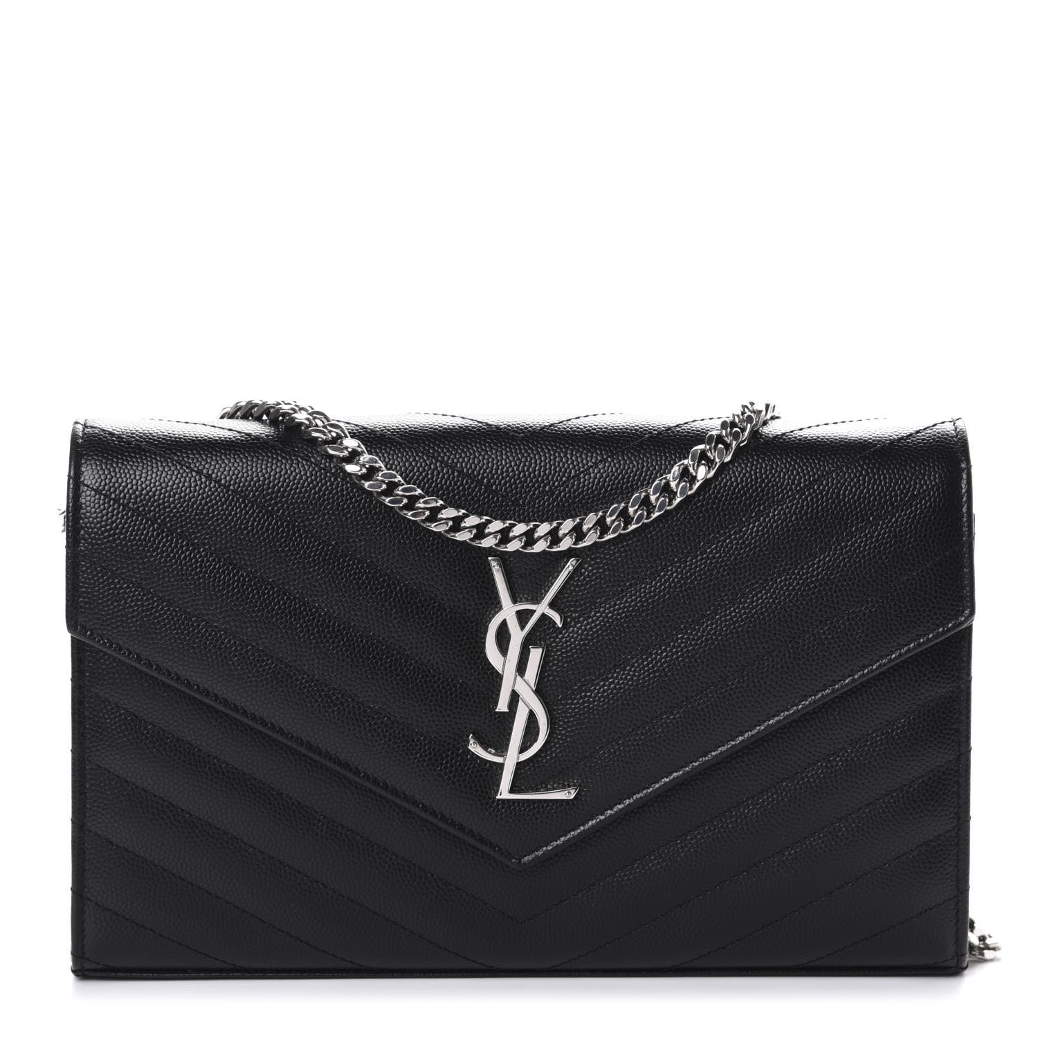 Saint Laurent Grain De Poudre Matelasse Chevron Monogram Chain Wallet Black 1 of 12