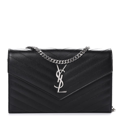 Saint Laurent Grain De Poudre Matelasse Chevron Monogram Chain Wallet Black 1 of 12
