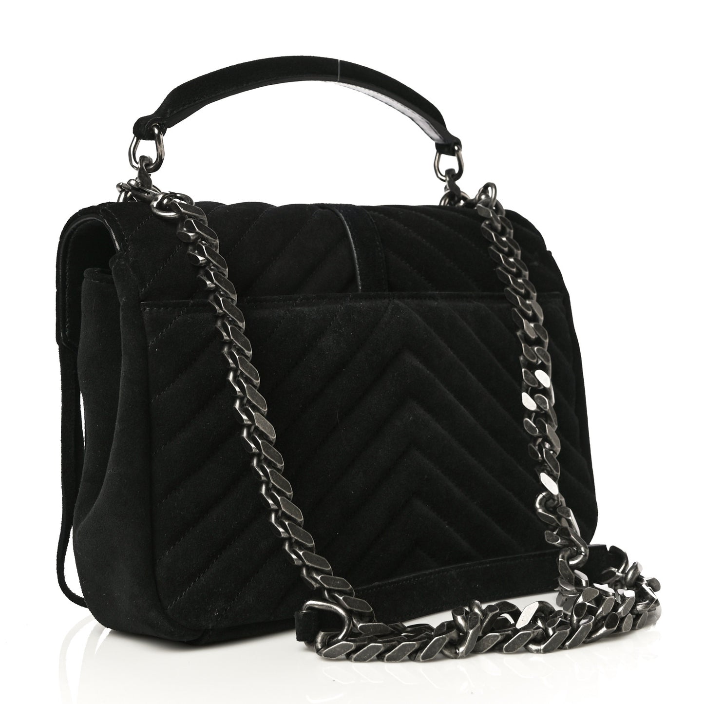 Suede Matelasse Chevron Fringe Monogram Medium College Bag Black