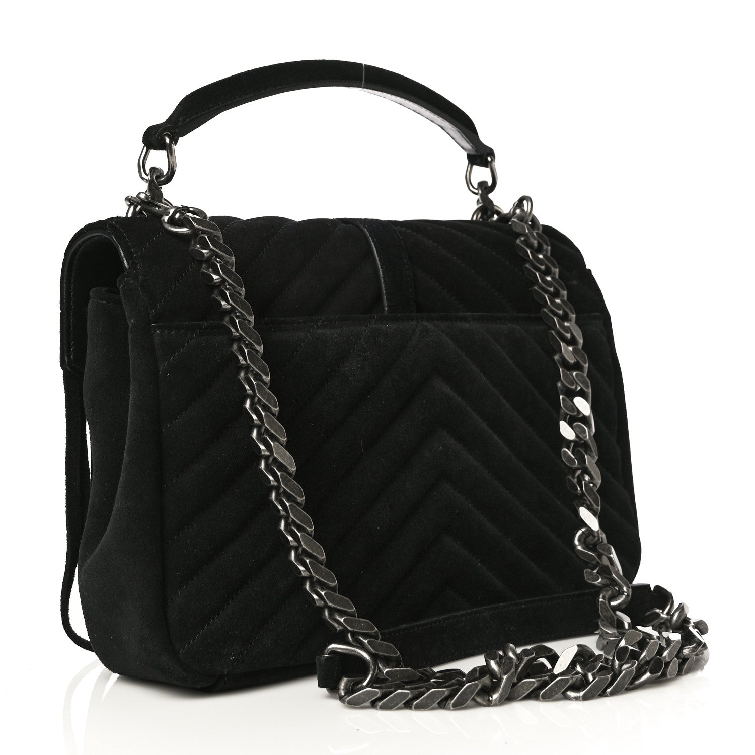 Saint Laurent Suede Matelasse Chevron Fringe Monogram Medium College Bag Black 3 of 15