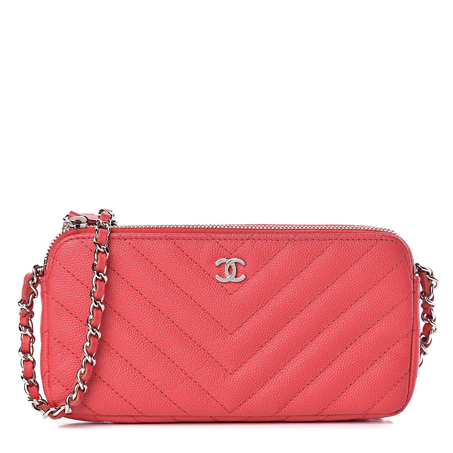 Chanel Caviar Chevron Quilted Small Clutch With Chain Light Red 1 of 15
