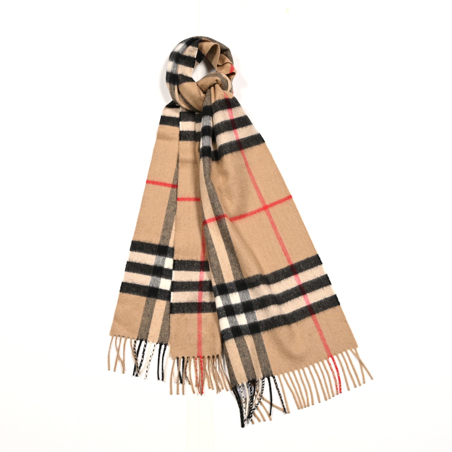 Burberry Cashmere Giant Check Fringe Scarf Camel 1 of 3