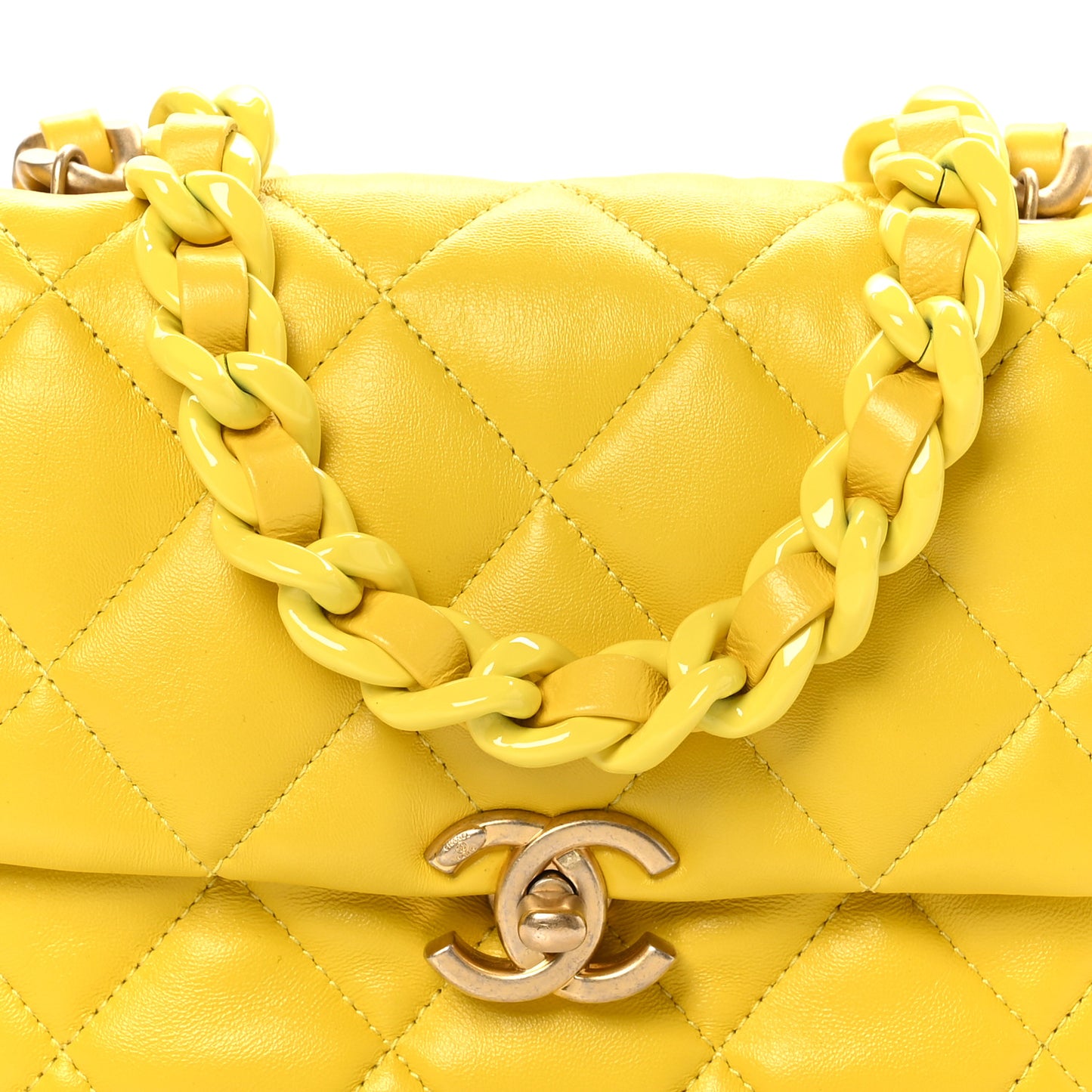Lambskin Quilted Mini Lacquered Chain Flap Yellow