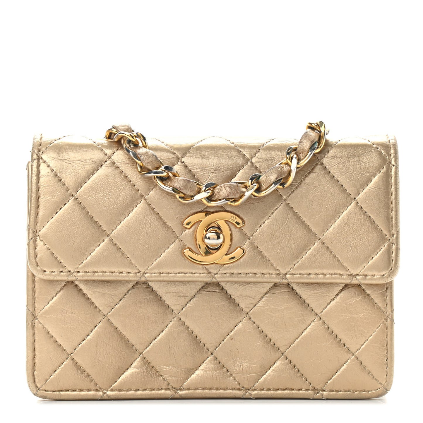 Metallic Lambskin Quilted Extra Mini Flap Gold