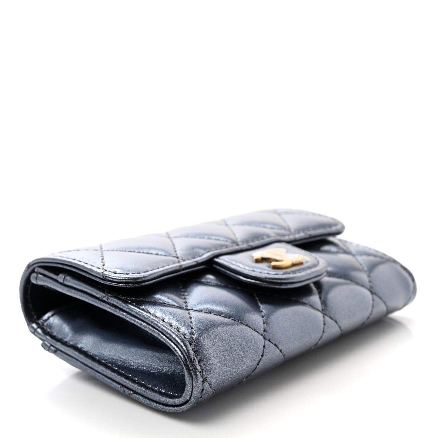 Metallic Lambskin Quilted Flap Card Holder Wallet Dark Blue