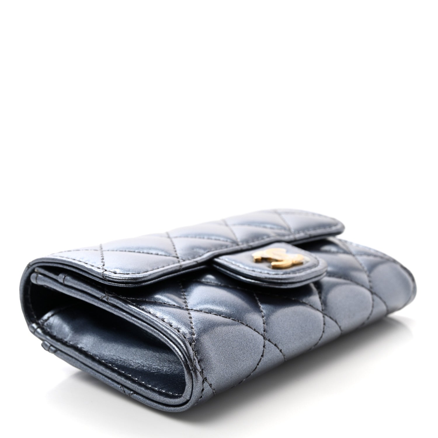 Chanel Metallic Lambskin Quilted Flap Card Holder Wallet Dark Blue 4 of 9