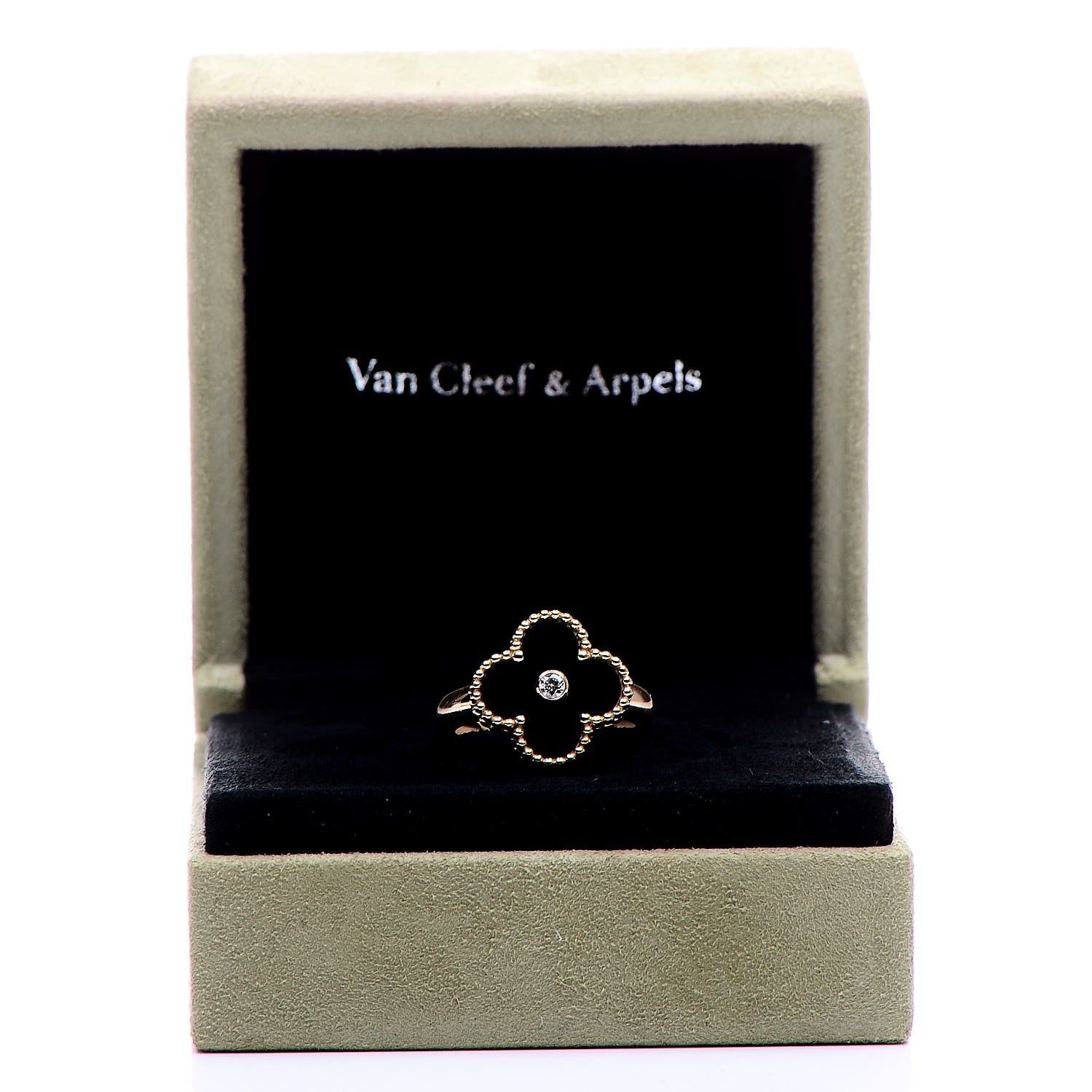 Van Cleef & Arpels 18K Yellow Gold Black Onyx Diamond Vintage Alhambra Ring 52 6 7 of 7
