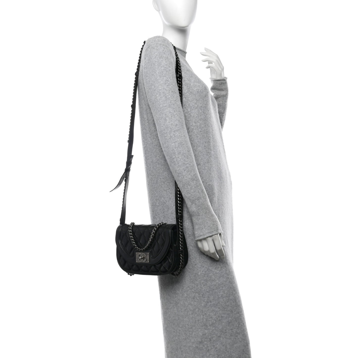 Shiny Goatskin Quilted Small Double Chained Messenger Flap Black