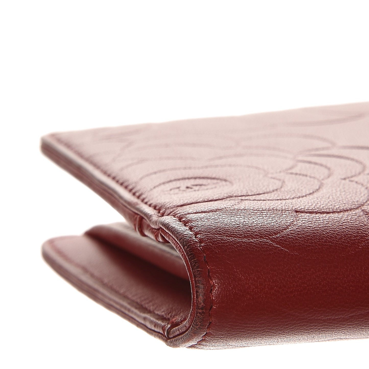 Lambskin Camellia Embossed Yen Wallet Dark Red