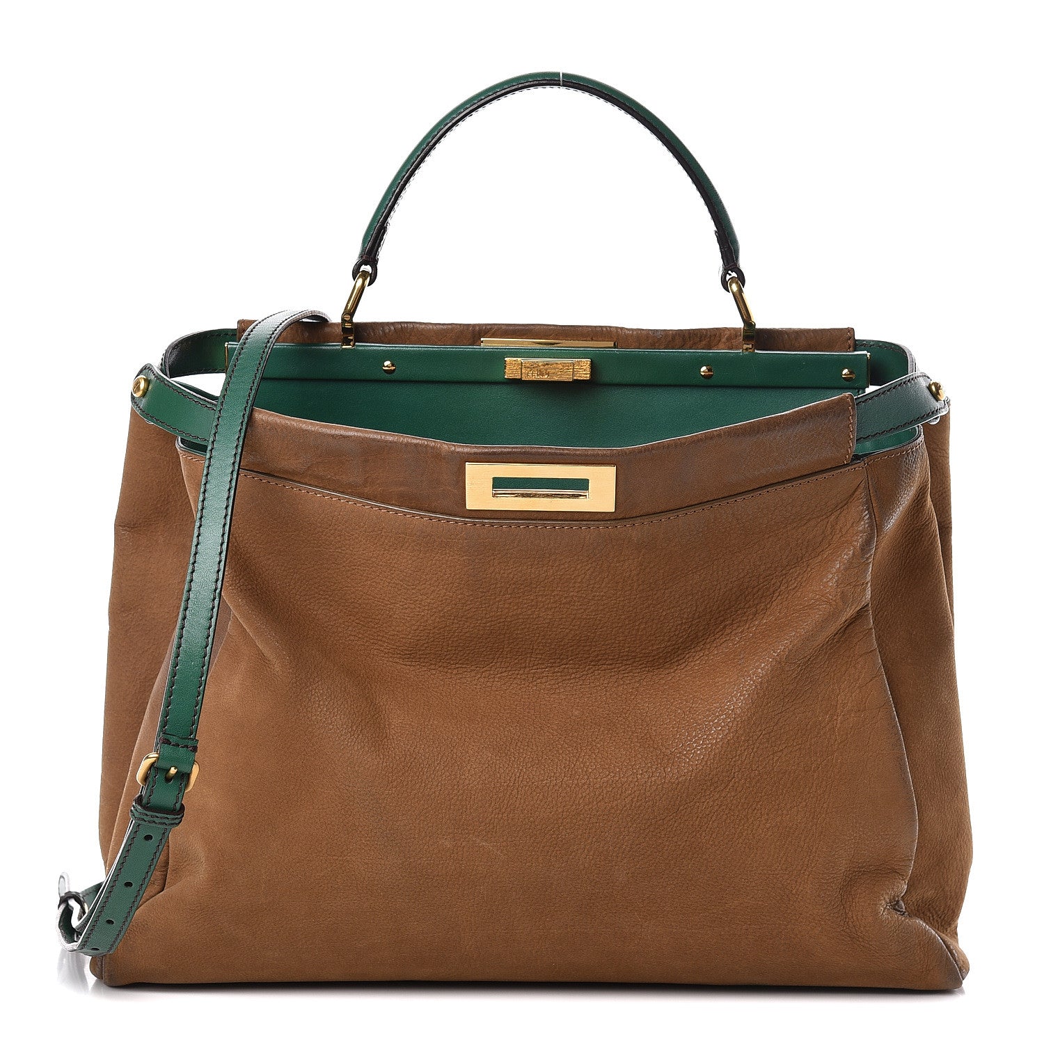 Fendi Buffalo Vitello Large Peekaboo Iconic Satchel Tobacco Verde 1 of 29