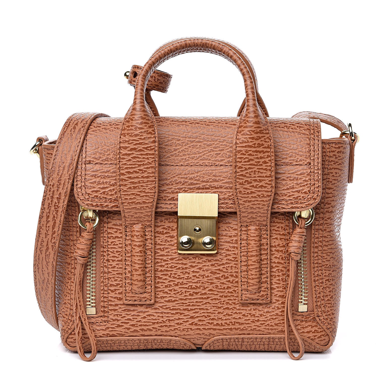 3.1 Phillip Lim 3.1 Shark Embossed Textured Calfskin Mini Pashli Satchel Caramel Cognac 1 of 9