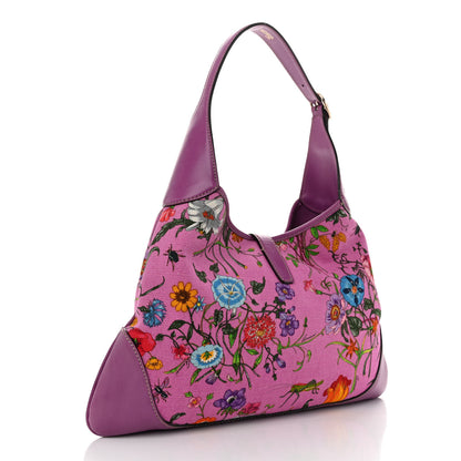 Gucci Canvas Floral Flora Medium Jackie O Bouvier Hobo Hot Pink 3 of 10
