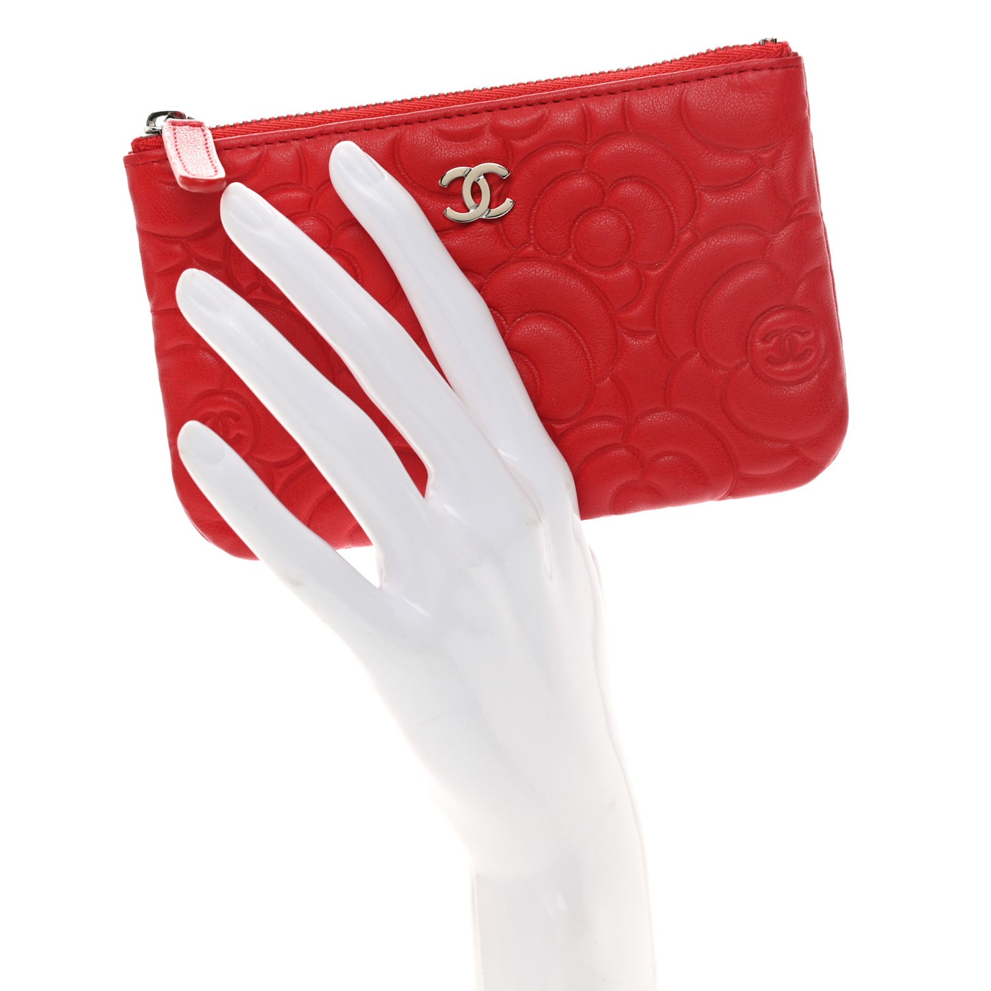 Goatskin Camellia Embossed Cosmetic Pouch Red