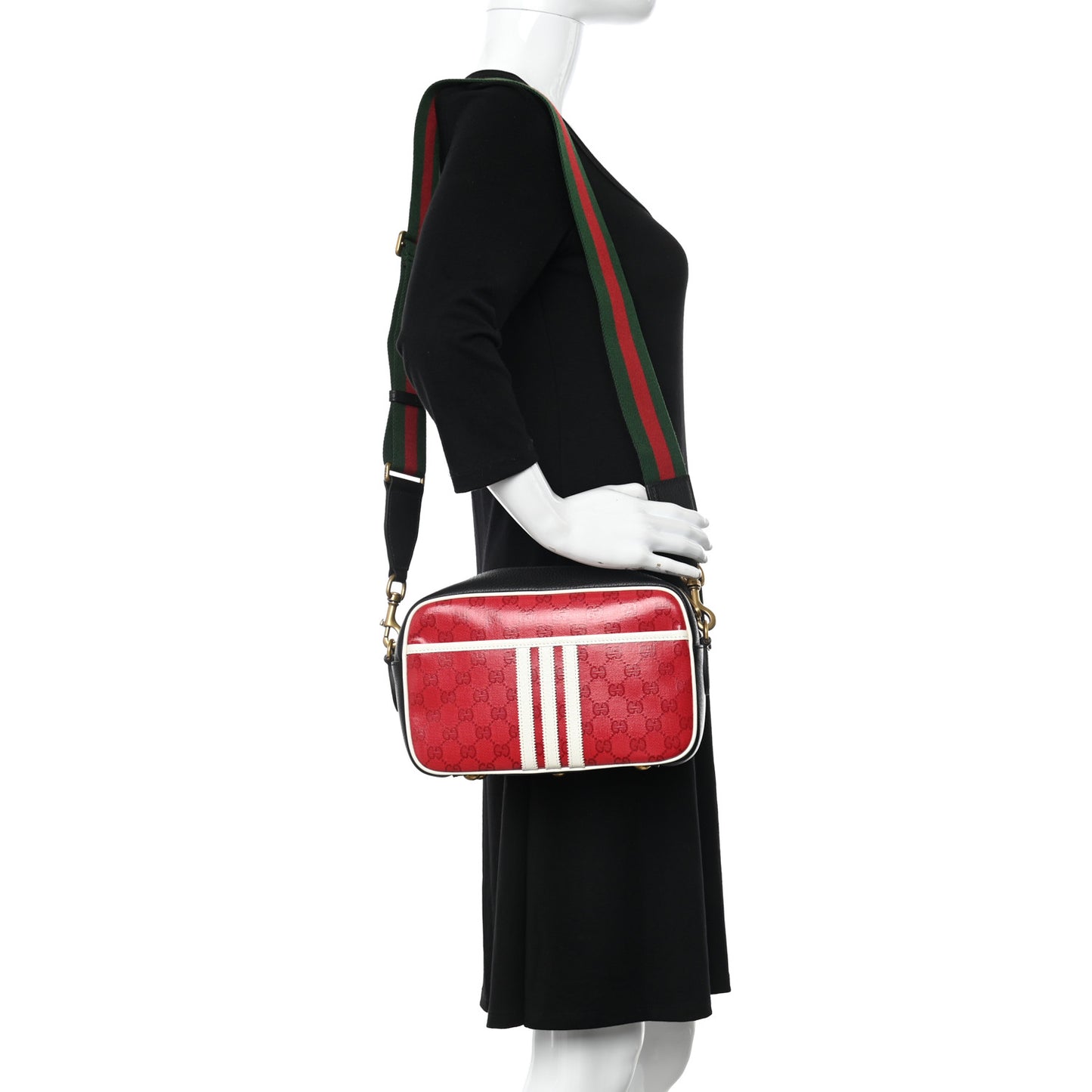 X ADIDAS Crystal Vintage Monogram Textured Dollar Calfskin Web Trefoil Logo Small Messenger Bag Hibiscus Red Off White Black