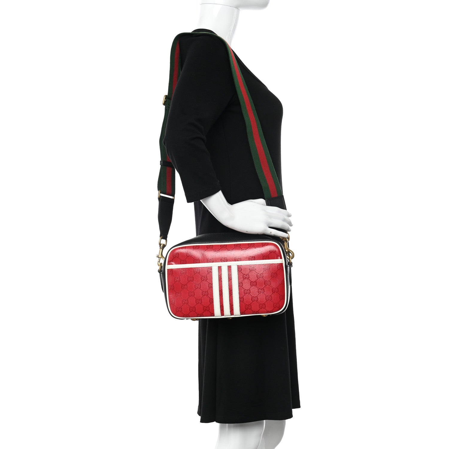 Gucci X ADIDAS Crystal Vintage Monogram Textured Dollar Calfskin Web Trefoil Logo Small Messenger Bag Hibiscus Red Off White Black 2 of 9