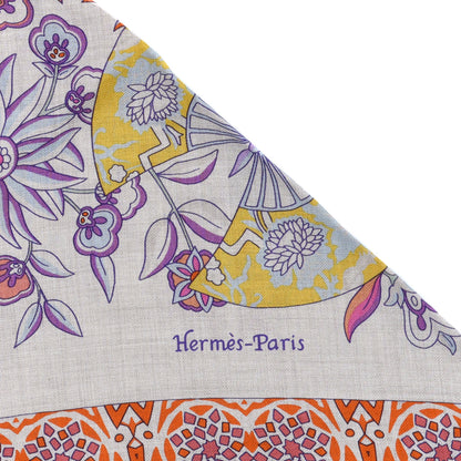 Hermes Cashmere Silk Fleurs et Papillons De Tissus Giant Triangle Scarf Naturel Mauve Orange 2 of 3