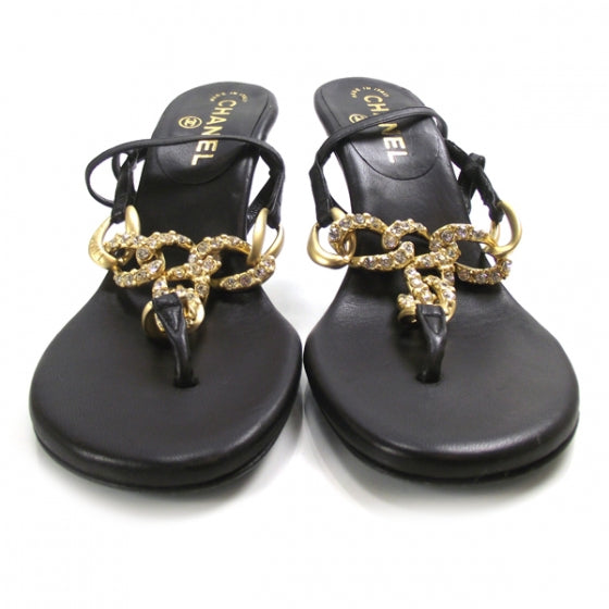 Chanel Gold Crystal Chain Sandals 36.5 Black 1 of 7