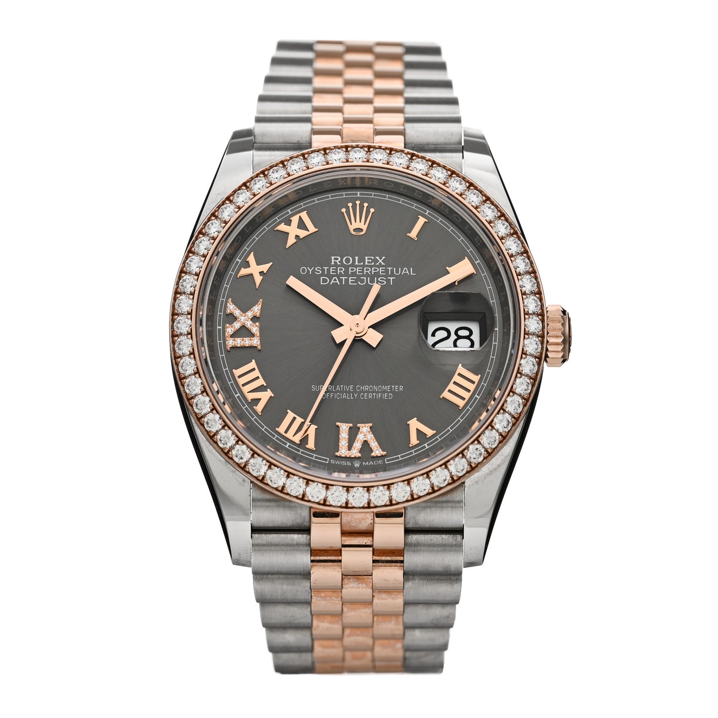 Stainless Steel 18K Everose Gold Diamond 36mm Oyster Perpetual Datejust Watch Rhodium Roman 126281RBR