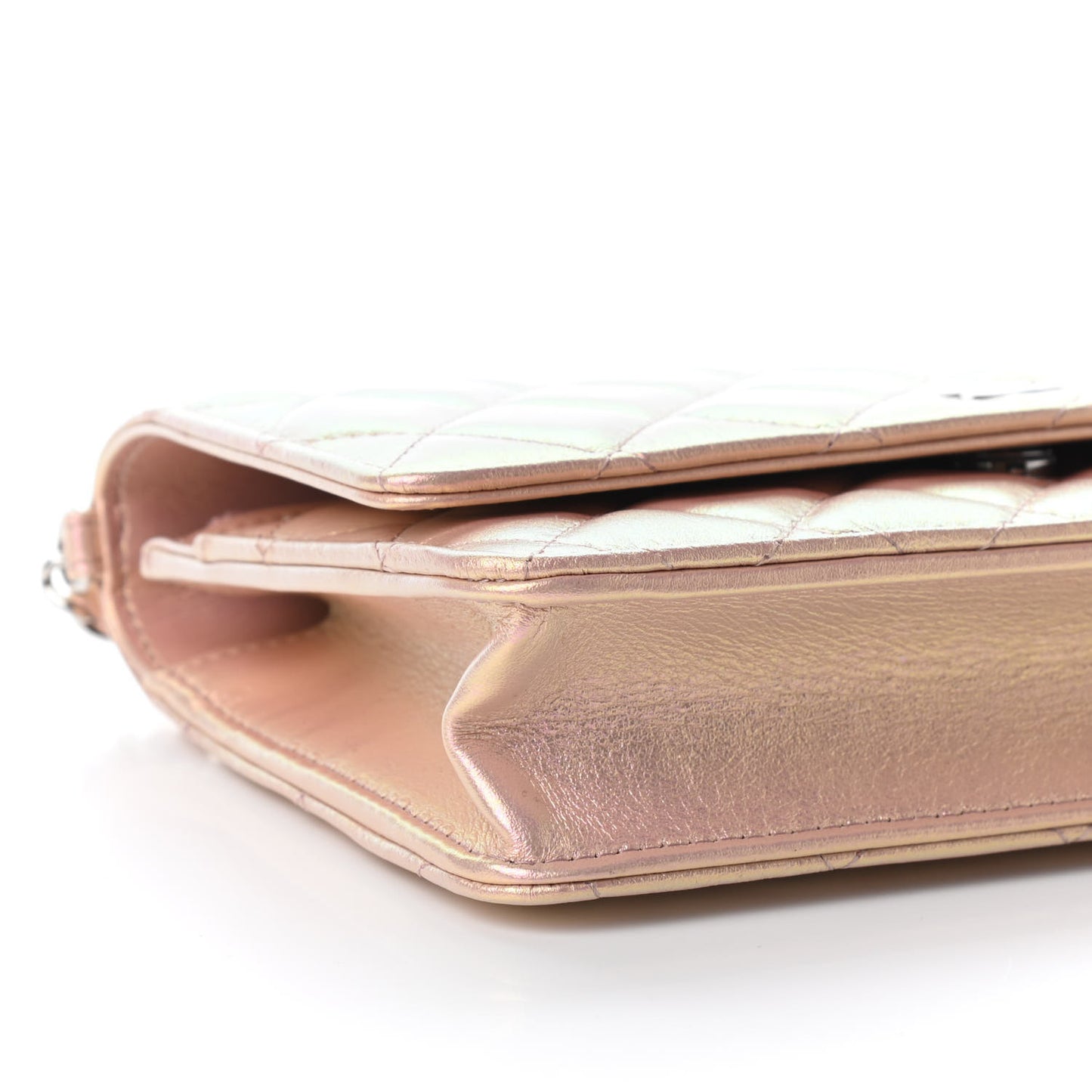 Iridescent Calfskin Quilted Wallet On Chain WOC Pink