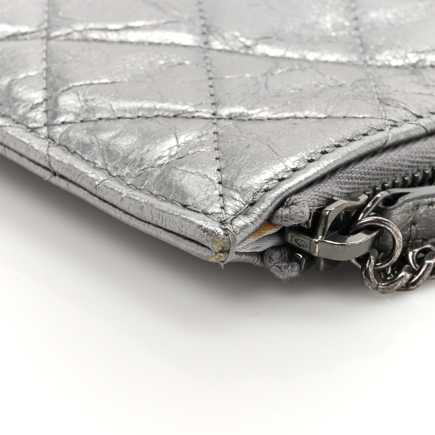 Metallic Crumpled Calfskin Quilted Large Slide Pouch Silver