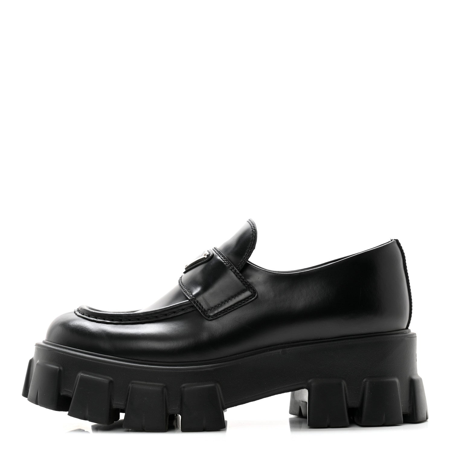Prada Spazzolato Rois Metal Triangle Logo Monolith 55mm Loafers 38.5 Black 1 of 10