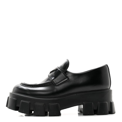 Prada Spazzolato Rois Metal Triangle Logo Monolith 55mm Loafers 38.5 Black 1 of 10