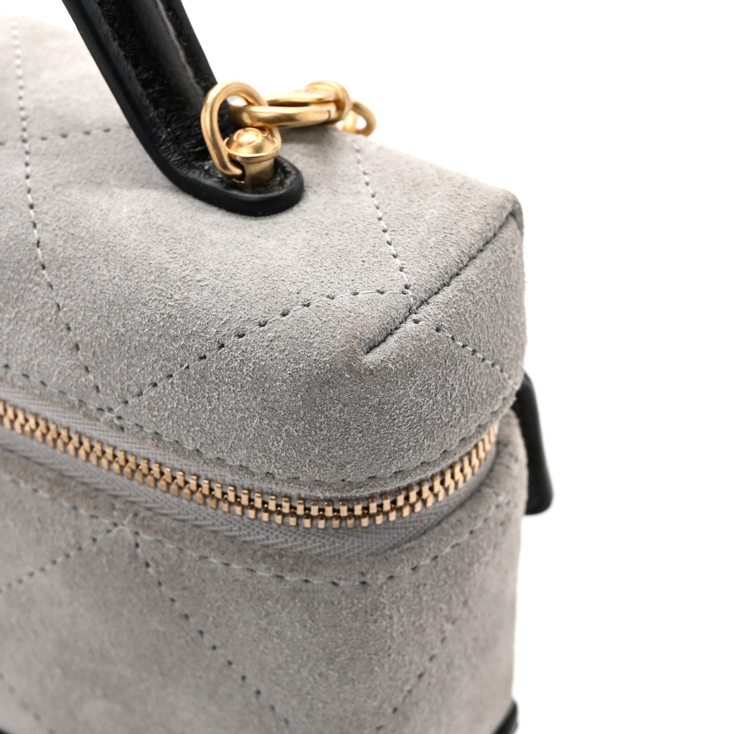 Suede Calfskin Shiny Lambskin Quilted Top Handle Slim Vanity Case With Chain Grey Black