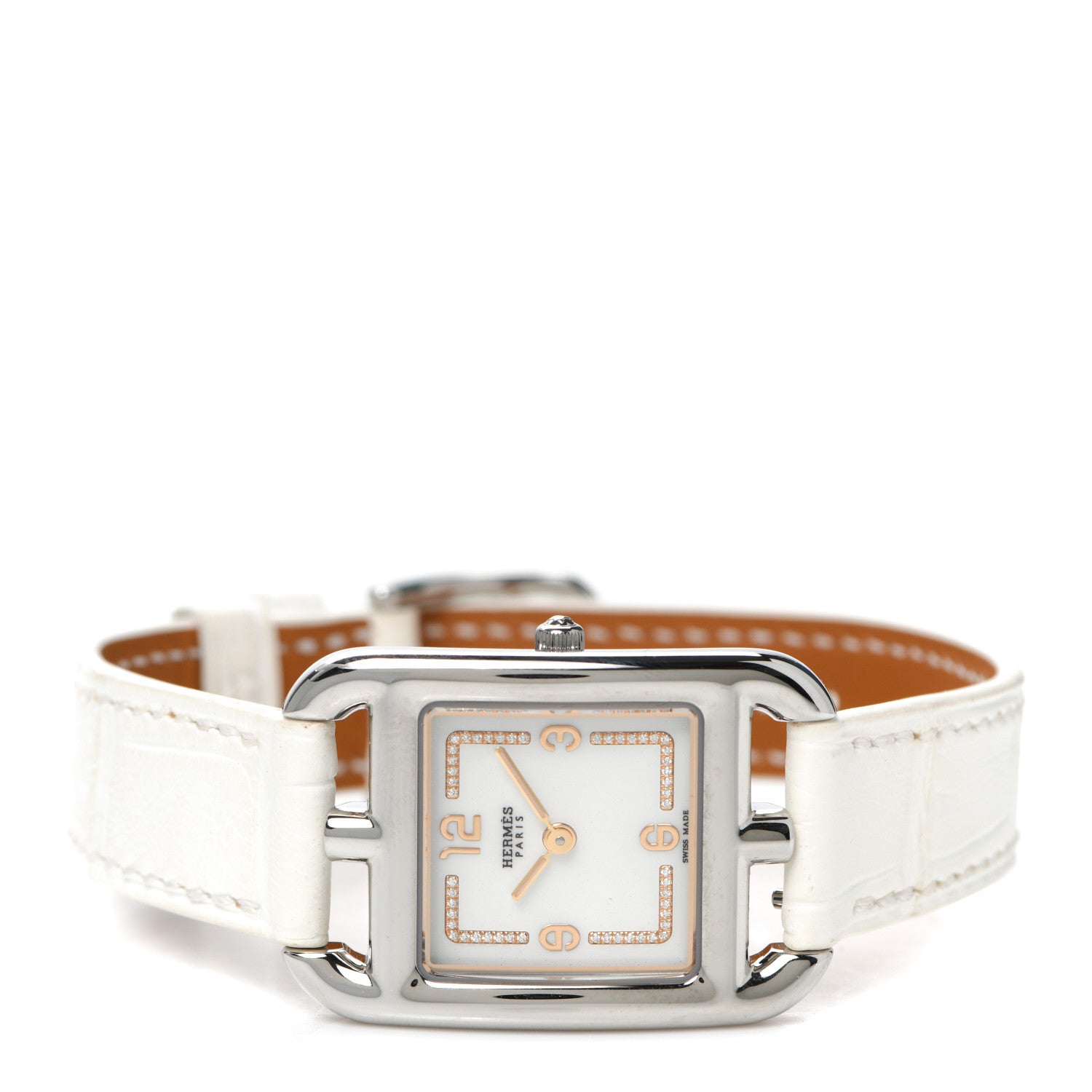 Hermes Stainless Steel Alligator Diamond 23mm Cape Cod Quartz Watch Blanc 2 of 5