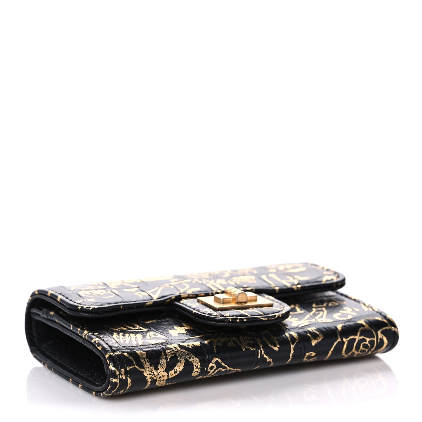Calfskin Crocodile Embossed Graffiti 2.55 Cocodile Reissue Flap Card Holder Black Gold