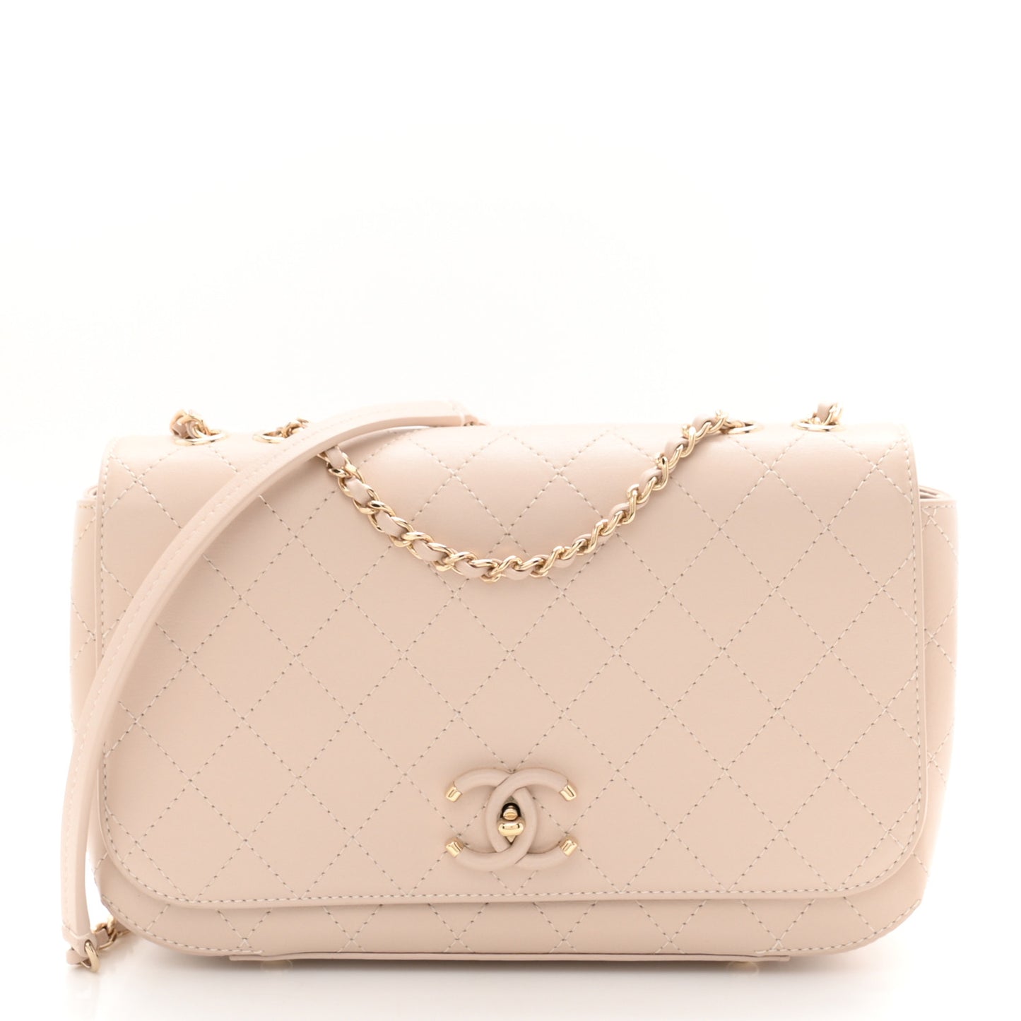 Calfskin Stitched Medium Covered CC Flap Bag Beige