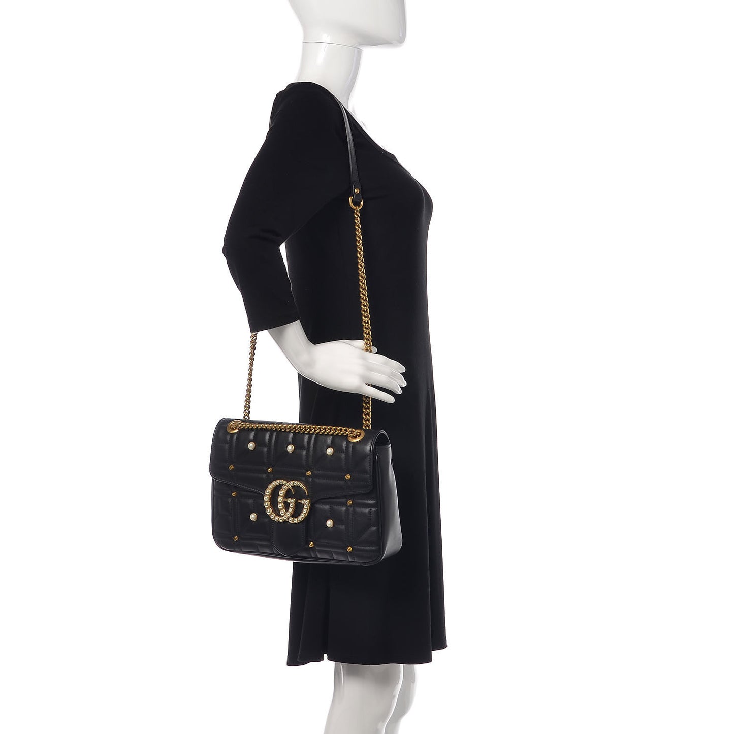 Calfskin Matelasse Studded Medium Pearly GG Marmont Shoulder Bag Black