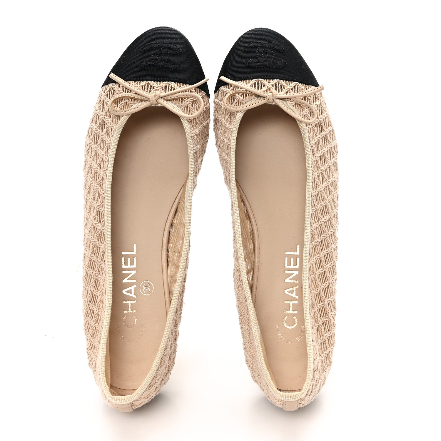Chanel Mesh Crochet Grosgrain Cap Toe Ballerina Flats 38 Beige Black 2 of 9