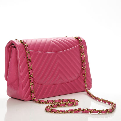 Chanel Lambskin Chevron Quilted Jumbo Double Flap Dark Pink 3 of 7