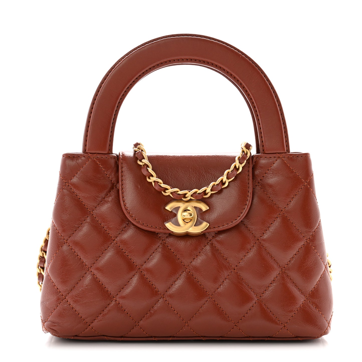 Shiny Aged Calfskin Quilted Nano Kelly Shopper Brown