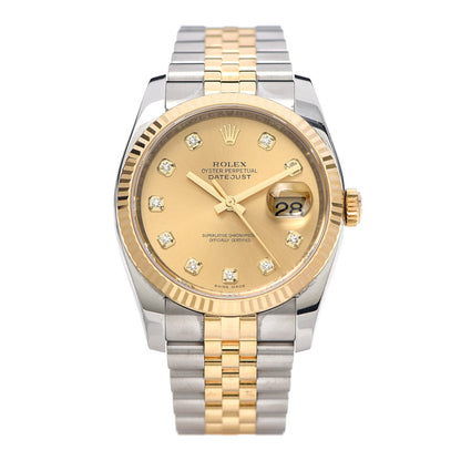 Rolex Stainless Steel 18K Yellow Gold Diamond 36mm Oyster Perpetual Datejust Watch Champagne 16233 1 of 7