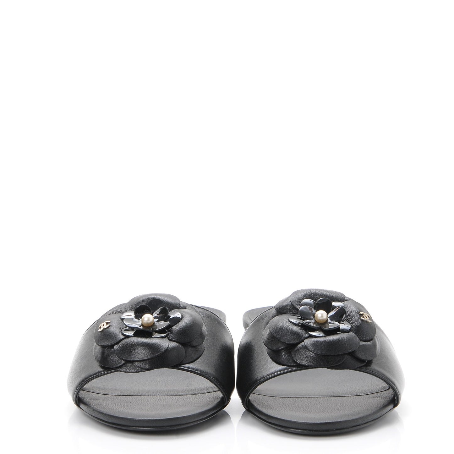 Lambskin Camellia Pearl Slides 35 Black