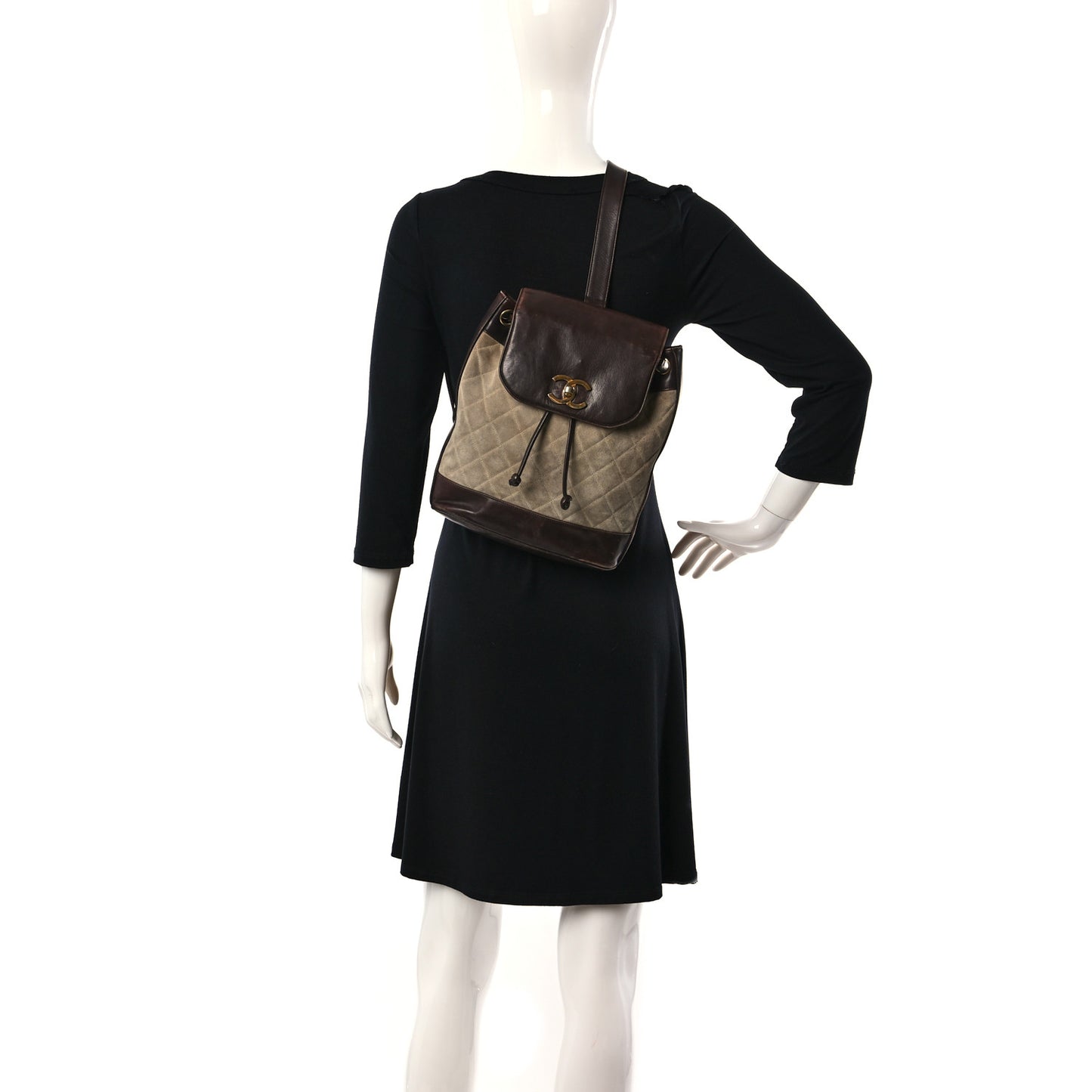 Suede Quilted Drawstring Sling Backpack Beige Brown
