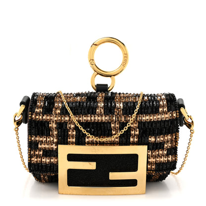 Fendi Crystal Vitello King FF Beaded Nano Maxi Buckle Baguette Charm Moro Black 1 of 11