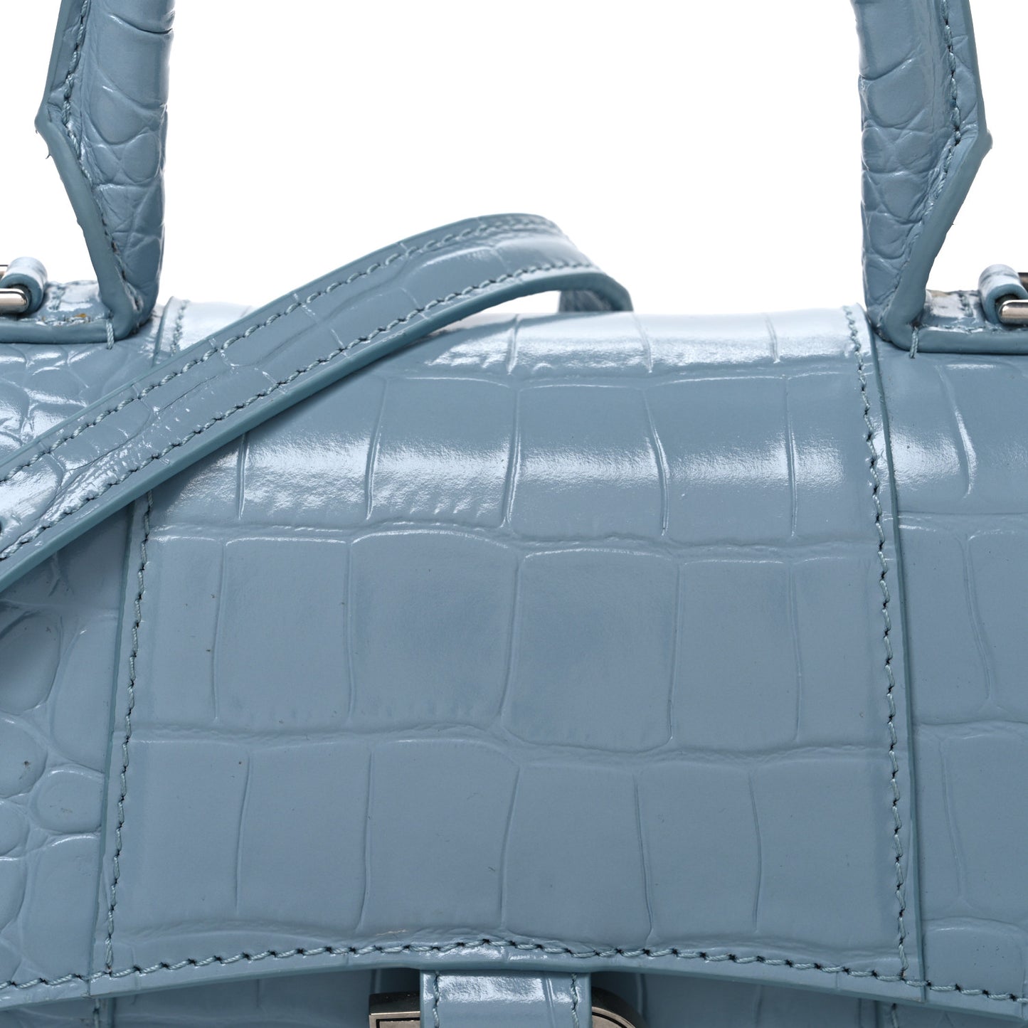 Shiny Calfskin Crocodile Embossed Hourglass Top Handle Bag XS Blue Grey