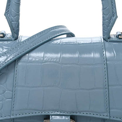 Balenciaga Shiny Calfskin Crocodile Embossed Hourglass Top Handle Bag XS Blue Grey 9 of 11