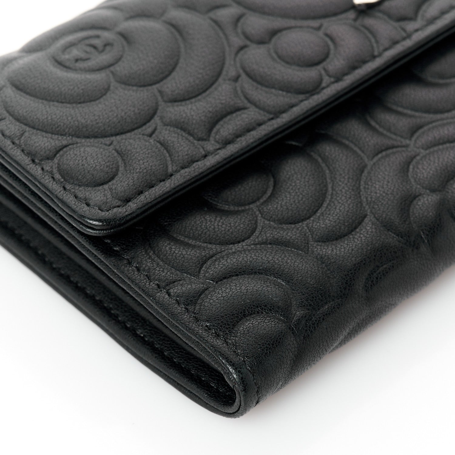 Chanel Lambskin Embossed Camellia Large Gusset Flap Wallet Black 10 of 12