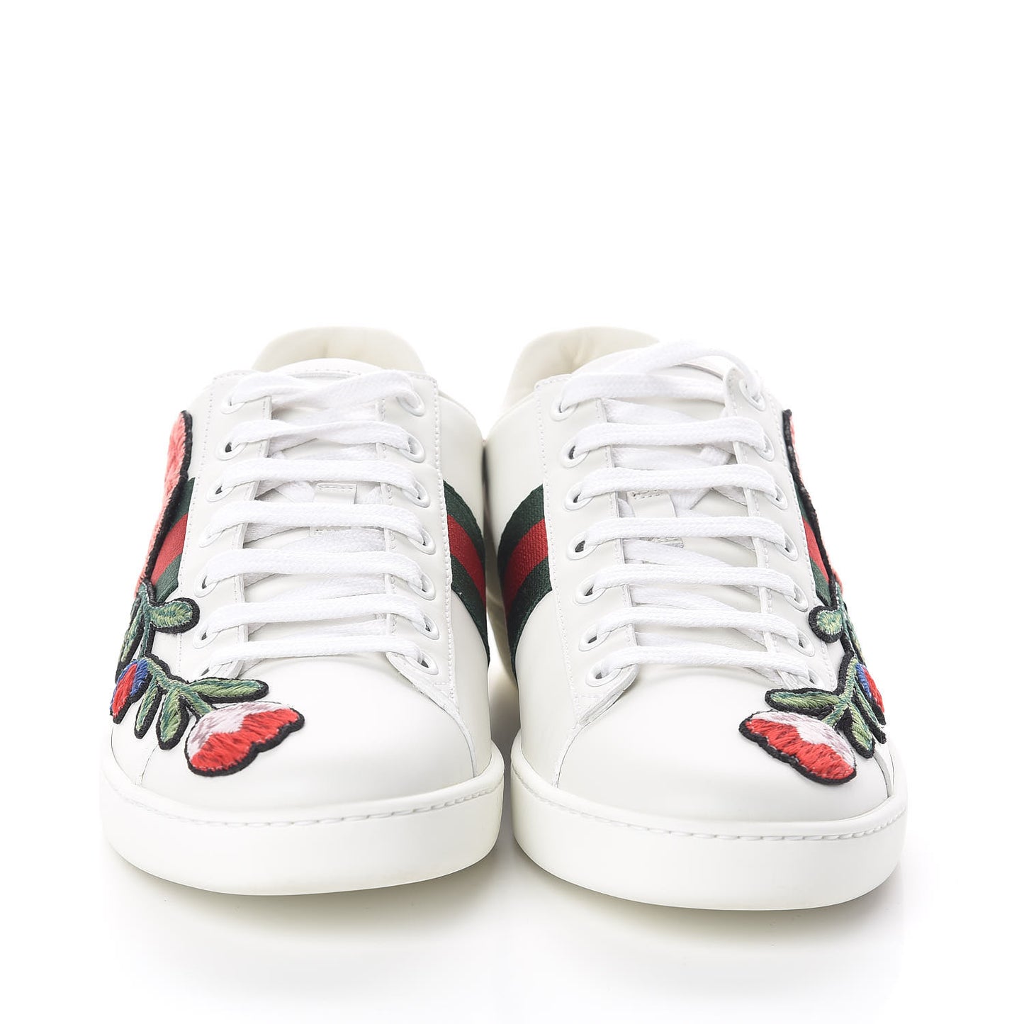 Calfskin Web Floral Embroidered Womens Ace Sneakers 38 White
