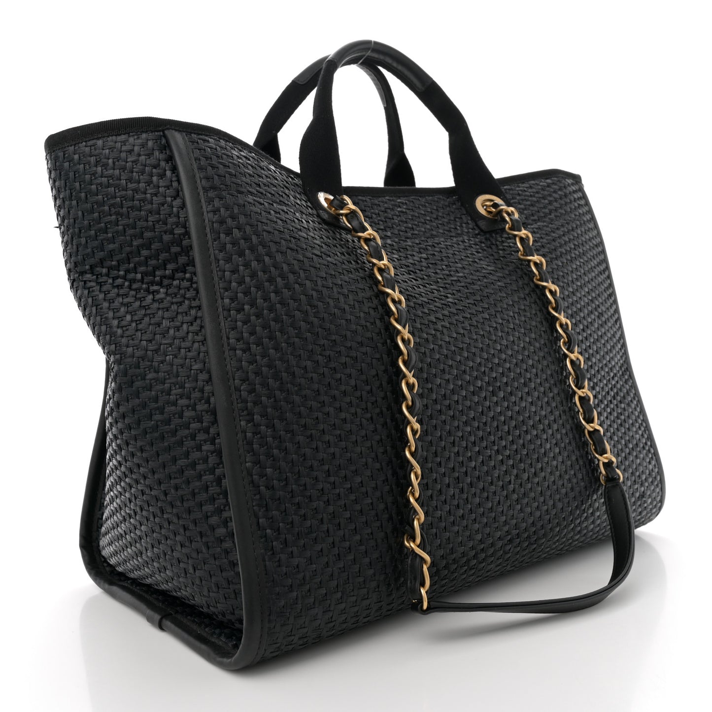Straw Raffia Calfskin Chain Medium Deauville Tote Black