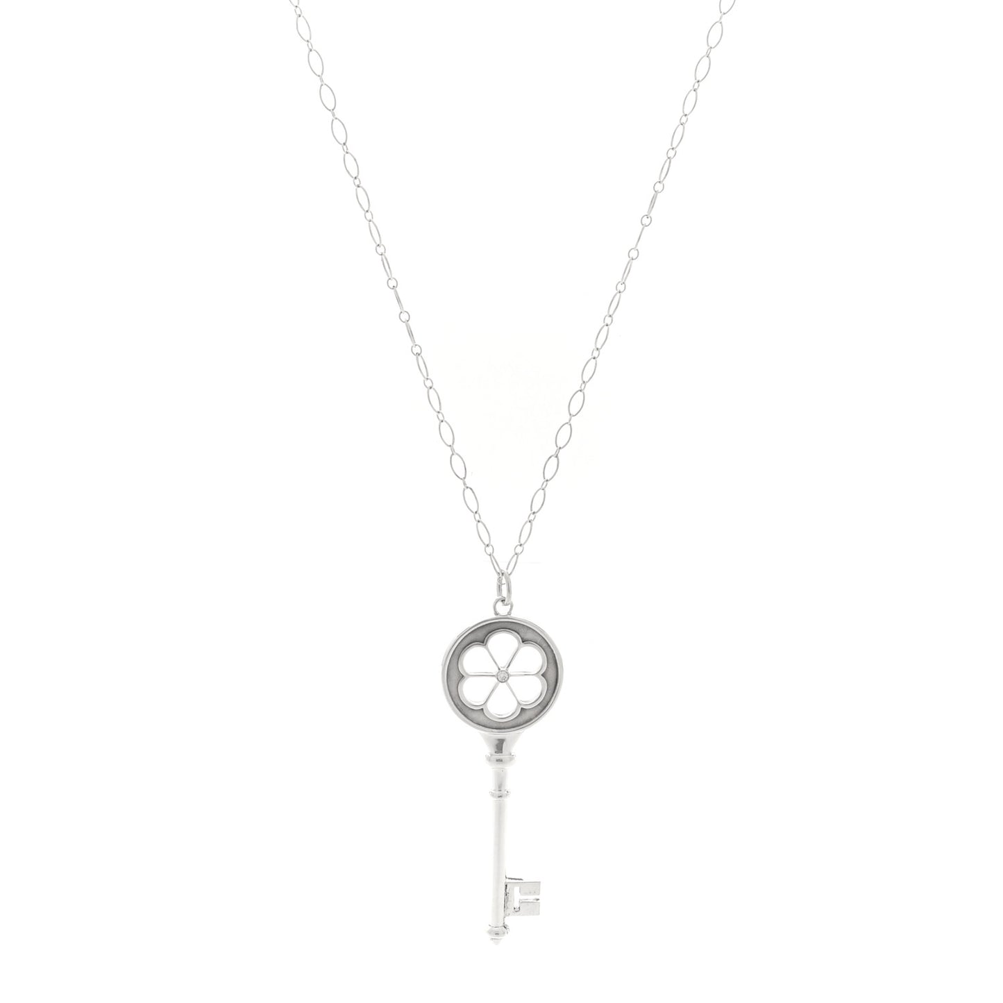 Sterling Silver Diamond Blossom Key Pendant Link Necklace