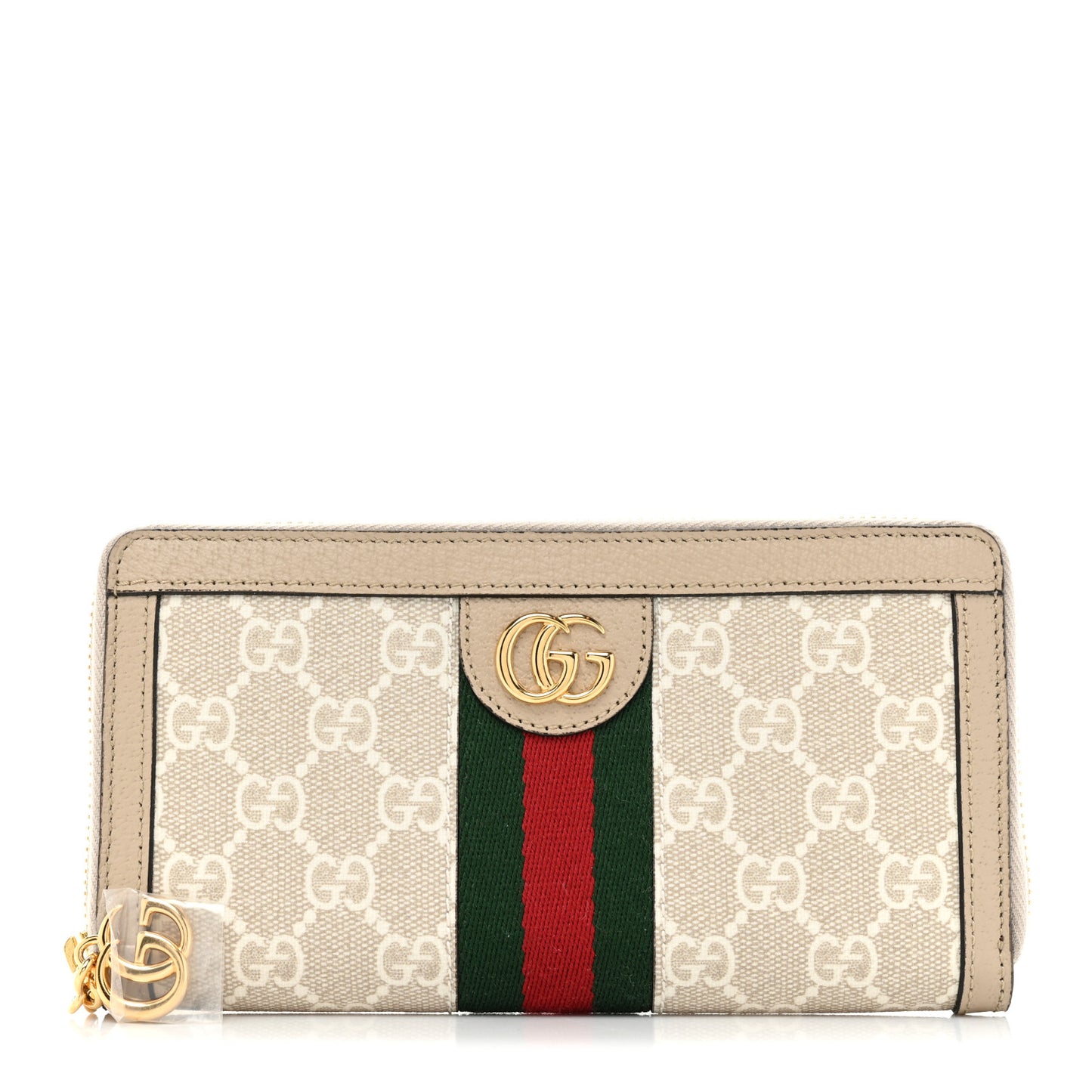 GG Supreme Monogram Textured Dollar Calfskin Web Ophidia Zip Around Wallet Beige Mystic White Oatmeal