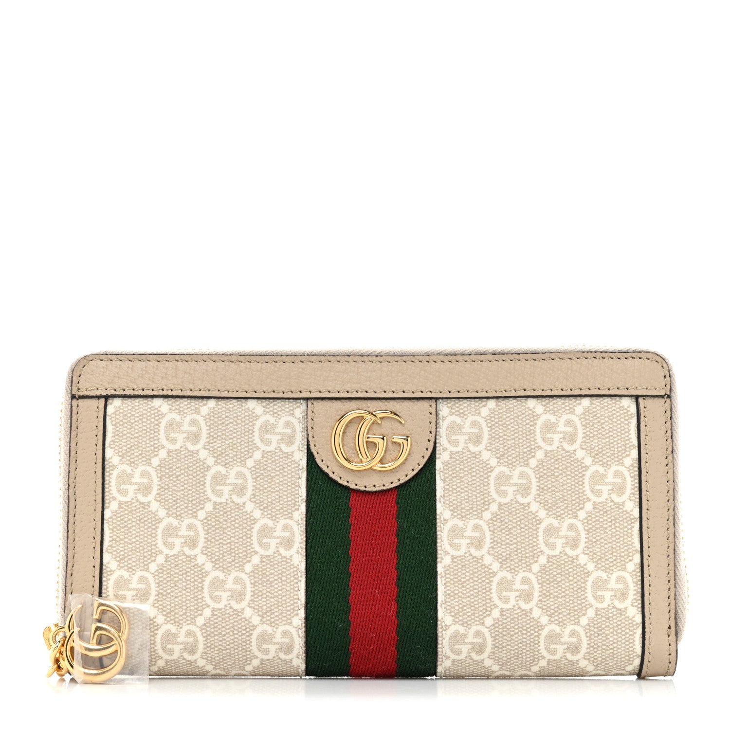 Gucci GG Supreme Monogram Textured Dollar Calfskin Web Ophidia Zip Around Wallet Beige Mystic White Oatmeal 1 of 14